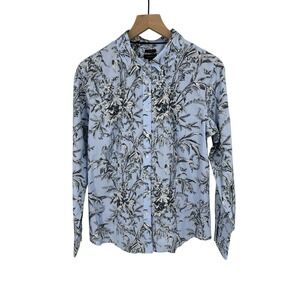 Talbots Top Womens 12 Blue Floral Non-Iron Shirt Long Sleeve Button Down Cotton